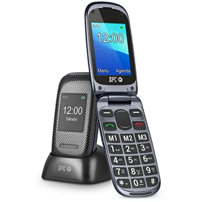 Image de SPC Harmony Téléphone Portable Senior à clapet avec grandes touches, compatible les appareils auditifs, double écran, bouton SOS, 3 mémoires directes, Base de chargement Couleur Noir