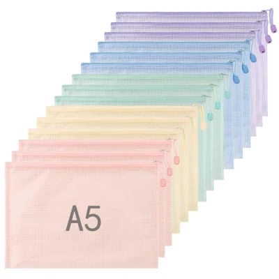 Image de Euleryoo 15 Pièces Pochette Document Zippée A5, 5 Couleurs Macaron PVC Mesh Transparentes Dossier, Ranger Papiers petits Objets des Fournitures,Cosmétiques et Accessoires de Voyage etc