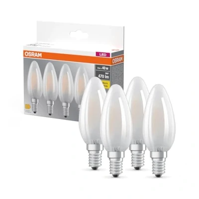 Image de OSRAM LED BASE B40, pack avantage de 4 lampes, remplace les ampoules 40W classiques, 4W, blanc chaud (2700K), verre mat, non dimmable, forme bougie, E14