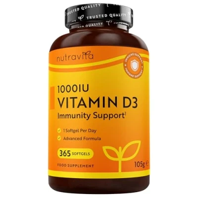 Image de Vitamine D 1000 UI 365 Capsules Molles Pour 1 Annéee Entière Maintien d&#039;un Système Immunitaire Sain, des Muscles, os et Dents D3 1000ui Cholecalciferol Nutravita