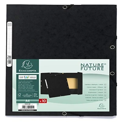 Image de Exacompta Réf. 55501SE Paquet de 10 chemises à élastiques pochettes 3 rabats en carte lustrée 400 g/m2 dimensions 24 x 32 cm pour documents au format A4 couleur noir