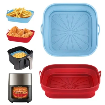 Image de Alyvisun Moule Silicone Air Fryer, 2 Pièces Panier pour Friteuse à Chaud Réutilisable Airfryer Pot Plat Carré Pliable Doublure Liner Air, Micro ondes, Four(Rouge+Bleu Ciel)