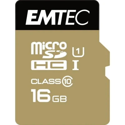 Image de EMTEC ECMSDM16GHC10GP Carte microSD Classe 10 Gamme Elite Gold UHS I U1 Avec adaptateur Performance Vitesse de lecture jusqu&#039;à 85MB/s Noir/Or 16 Gb