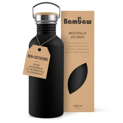 Image de Bambaw Gourde Inox 1l, Sport Noire, Bouteille d&#039;Eau Non Isotherme, 1l Inox, Reutilisable, Metal, sans BPA Noir Onyx
