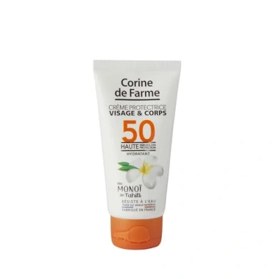 Image de Corine de Farme Crème Protectrice Visage &amp; Corps SPF50 Haute Protection UVA UVB au Monoï Tahiti Résiste à l&#039;Eau Fabriqué en France 50ml