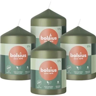 Image de Bolsius Lot de 4 bougies piliers Vert 8 x 6 cm Longue durée combustion 17 heures Non parfumées 5% Cire naturelle végétalienne Sans huile palme