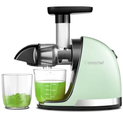 Image de AMZCHEF Extracteur de Jus Fruits et Légumes à Froid sans BPA avec 2 Tasses Brosse Fonction Mastication Inversée pour Éviter les Blocages Vert