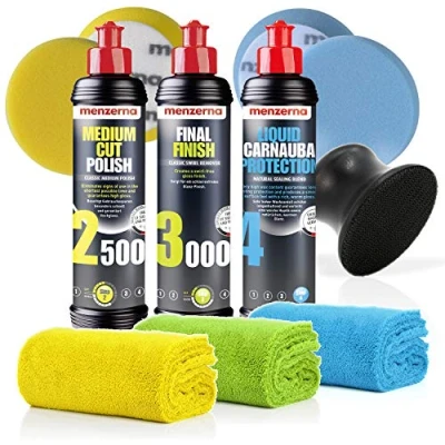 Image de detailmate Kit Complet de Polissage à la Main Menzerna: composé MCP2500 + FF3000 Protection Liquide Carnauba applicateur Tampon Mousse Medium Cut Cire 3 Chiffons Microfibre