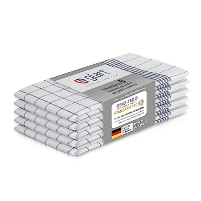 Image de Glart 48KG1 Lot de 5 torchons cuisine, 50x70 cm, 100% coton certifié OEKO TEX, à carreaux gris, prélavés