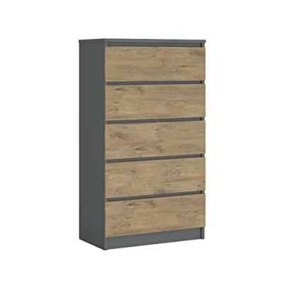 Image de 3E 3xE living.com Commode avec 5 tiroirs Anthracite/chêne Lancelot, L : 70 cm, H 125 cm P 39