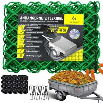 Image de KESSER® filet de remorque, 1 x 2 m, extensible, à mailles fines, suspension, avec corde serrage et cordon en pour sécuriser le chargement, sécurité élastique, marquages