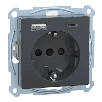 Image de Schneider Electric Merten MEG2367 0414 prise de courant avec port USB type A+C, System M anthracite, Schuko encastrée, contact protection, convient pour smartphone, tablette