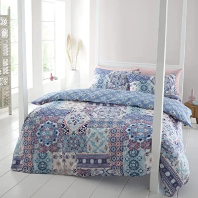 Image de Catherine Lansfield Parure de lit Boho Patchwork King Size avec Housse Couette et taies d&#039;oreiller Bleu