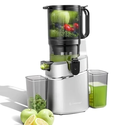 Image de AMZCHEF Extracteur de jus automatique Vos mains libres, Ouverture 135 mm et capacité 1,8 L fruits légumes entiers, lent 250W avec triple filtre Argent