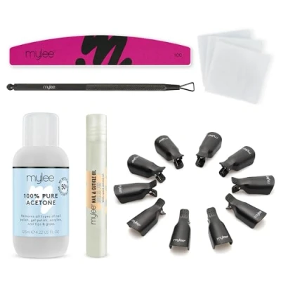 Image de Mylee Take Off Kit Set complet pour retirer vernis gel semi permanent Avec acétone, pinces réutilisables, lingettes ongles, lime à stylo huile cuticules, racloir