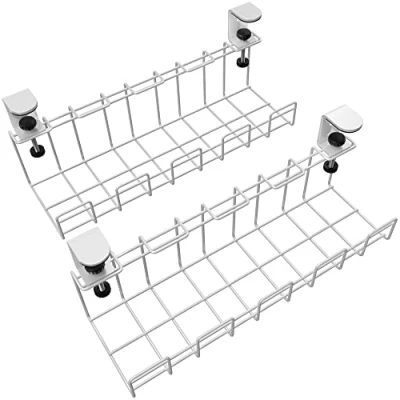 Image de Support de câble bureau à pince pour l&#039;ordre sur le lieu travail range les câbles, chargeurs et multiprises sans outils (2 x M, métal blanc, organisateur câbles) KD Essentials