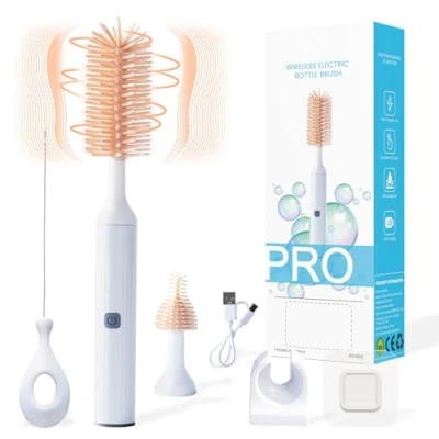 Image de Orzbow Goupillon Biberon Electrique,Brosse en Silicone Imperméable 3 1,sans BPA Brosse à Tétine,Brosse Paille,Mode de Nettoyage Deux Vitesses,Rotation 360 ,1200 mAh (Gris)