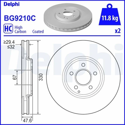 Image de DELPHI BG9210C Disque de frein 330 32 5 ventilé revêtu à haute teneur en carbone sans roulement roue, bague ABS
