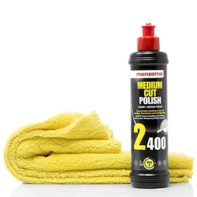 Image de detailmate Menzerna Medium Cut Polish 2400 Kit de polissage pour voiture 250 ml Élimination des traces ponçage + chiffon en microfibre 40 x cm, parfait polir la