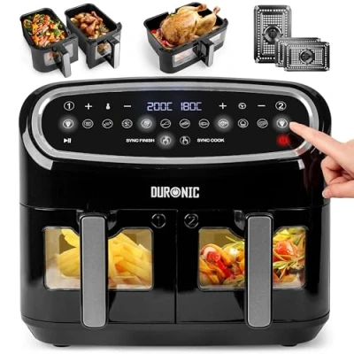 Image de Duronic AF34 BK Set Friteuse à Air avec 1 grand tiroir de 10L et 2 petits tiroirs 5L inclus 10 Programmes Cuisson Préréglés Sans huile Fonctions Sync Cook Finish