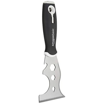 Image de Amazon Basics Outil de peinture polyvalent 14 en 1 avec grattoir droit, incurvé, extrémité marteau, extracteur clous, embout tournevis Philips 2, et plus encore, 76.2 mm, Noir/Argenté