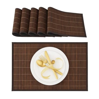 Image de Relaxdays Set de Table, Bambou, Lot 6, Tables Manger, 30 x 45 cm, Rectangle, Tapis Table antidérapant Lavable, Marron