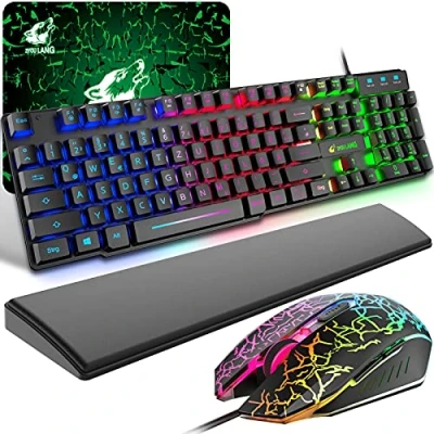 Image de Ensemble Clavier Souris Gaming avec Repose Poignet, QWERTZ de Layout Rétroéclairé Coloré LED Filaire 6 Boutons 2400DPI, Tapis Souris, Compatible Windows, Mac, PS4, Noir