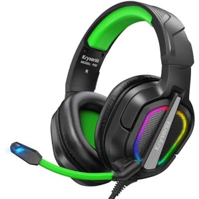 Image de Krysenix PG2 Casque Gaming pour PS4/PS5/PC/Xbox One/Switch, PS5 avec Microphone stéréo AI, Gamer Prise 3.5mm et lumière RGB, Noir/Vert