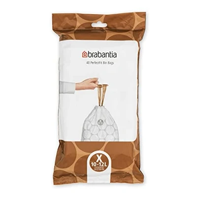 Image de Brabantia Sacs Poubelle PerfectFit (Code X/10 12 Litres) Ultra Résistant, Poignées Coulissantes (40 Sacs) 138041 Blanc