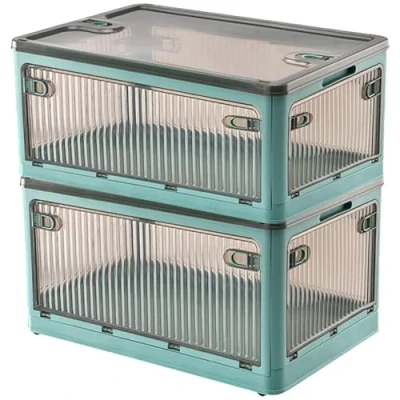 Image de Creahaus 2 Piece Storage Box Set with Lid, 28 Litre Stackable Wheels, Collapsible 5 Door Box, Toy Organiser, Cabinet (Bleu)