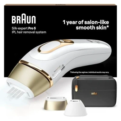 Image de Braun Silk·expert Pro 5, épilateur à lumière pulsée, avec pochette et tête de précision, alternative l’épilation au laser, Blanc/Doré, PL5140
