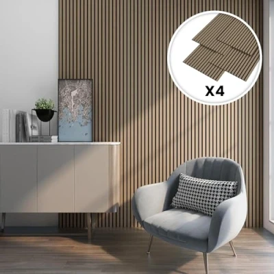 Image de NEU.HOLZ Set de 4 Panneaux Acoustiques Muraux Plafond Isolation Sonore Lattes Décoratives Style Scandinave Installation Facile NRC 0,8 MDF 120 x 60 cm Effet Noyer Clair