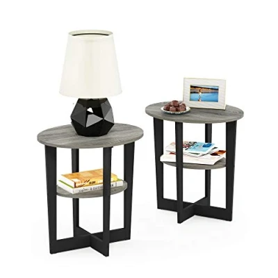 Image de Furinno Jaya Table d&#039;appoint Ovale, Bois d&#039;ingénierie, Chêne Français/Noir, Paquet de 2