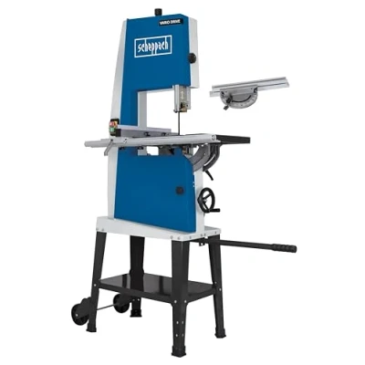 Image de Scheppach Scie à ruban Basa 3 800W 400V Vitesse de coupe : 370 750m/min Hauteur maxi 205 mm Largeur passage 306 Table 45 Gabarit transversale &amp; support inclus