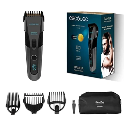 Image de Cecotec tondeuse à cheveux Bamba PrecisionCare Titan. Lame revêtue de titane, autonomie 90 min, 30 mm, sans fil, 3 peignes guidage, écran, avertissement maintenance, verrouillage