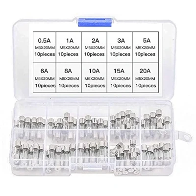 Image de Fusible en Verre,100 PCS Verre Tube à Soufflage Rapide Fusibles de Voiture Assorti 0.2A 0.5A 1A 2A 3A 5A 8A 10A 15A 20A