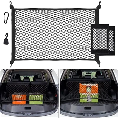 Image de UIHOL Filet de Rangement Coffre Voiture, Extensible Jusqu&#039;à 140x100cm, 2 Sac Bagages Organisateur Auto Siege +4 Mousquetons 4 Crochets, Bord élastique maintient Les Charges Plus fermement