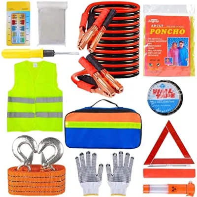 Image de KAHEIGN Kits D&#039;urgence 12 en 1 Pour Voiture, Voiture Dépannage Kit Inclus Signalisation Triangle, Visibilité Gilet, Remorquage Corde, Marteau Utilitaire, Saut Plomb, Fusible, Rangement Sac