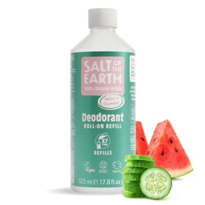 Image de Natural Deodorant Roll On Refill by Salt of the Earth, Melon &amp; Cucumber Vegan, Long Lasting Protection, Leaping Bunny Approved, Made in UK 525ml