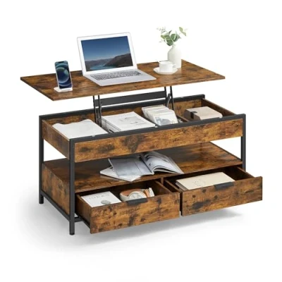Image de VASAGLE Table Basse, de Salon avec Plateau Relevable, Tiroirs Rangement, Rangement Ouvert et Compartiment Caché, Marron Rustique Noir d’Encre LCT209K01