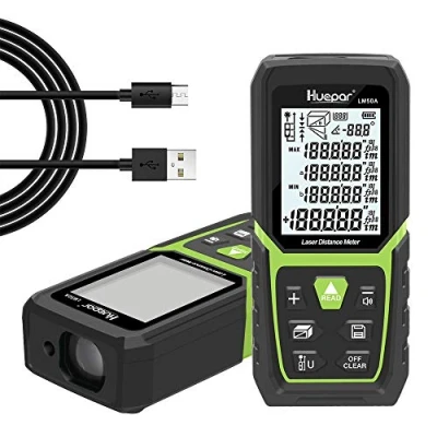 Image de Télémètre Laser Numérique, Huepar 50m Mètre numérique de Haute Précision avec Batterie Li Ion et Capteur D&#039;angle Électronique, Mesure Multiples M/In/Ft, Pythagore/Volume, Écran LCD Rétro Éclairé