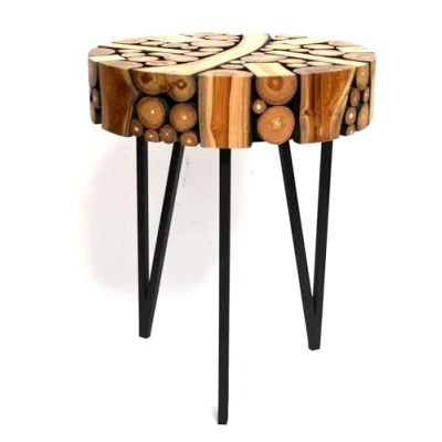 Image de Brillibrum Table basse design En teck d&#039;appoint ronde Fabriquée à la main Petites tranches d&#039;arbres 55 x 45 cm (H Ø))
