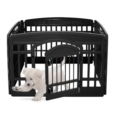 Image de Iris Ohyama, Parc pour Chien Intérieur, Extérieur avec 4 Panneaux &amp; Porte Verrouillable, H60cm, Noir, Cage, Enclos, Cloture Chiens, Chiot, Chat, Lapin, Animaux de Compagnie, Plastique, CI 604E WD