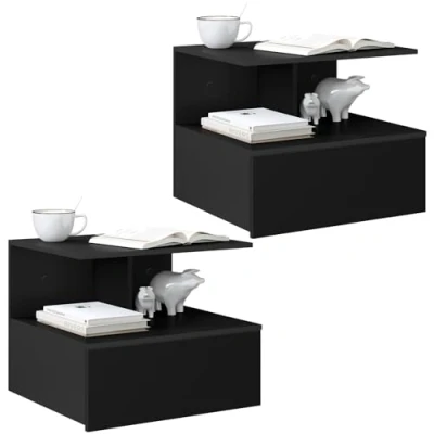 Image de WOLTU Chevet Suspendu, Lot de 2, Table Chevet, Nuit Suspendue, Murale, 1 Compartiment Ouvert, Tiroir, Noir, en Bois d&#039;Ingénierie, 40x35x31 cm