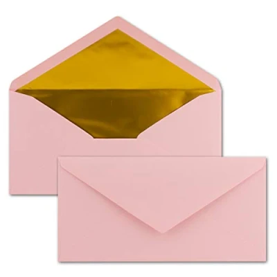 Image de 25x enveloppes 11 x 22 cm couleur: rose aves doublure en or métallique fermeture: gommée format DL américain, portefeuille sans fenêtre pour papier A4 invitations
