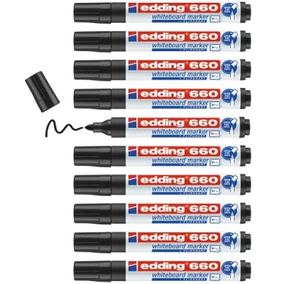 Image de edding 660 Marqueur pour tableaux blancs noir 10 stylos pointe ronde 1,5 3 mm feutre effaçable blanc, magnétique, mémo et chevalet de conférence sketchnotes rechargeable