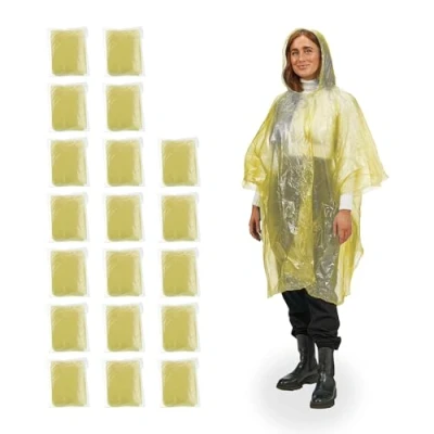 Image de Relaxdays Ponchos de Pluie jetables, Lot 20, avec Capuche et Ouverture pour Les Bras, Unisexe, Jaune
