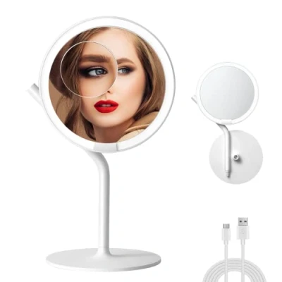 Image de AMIRO Miroir de Maquillage à LED 8,5 po avec 5 Niveaux luminosité, Charge grossissant 1X/5X lumière, Commande Tactile, Rotation 180, Blanc