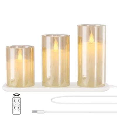 Image de EXTSUD Bougies LED Sans Flamme Rechargeable avec Station de Charge et Télécommande, Lot 3 Décoratives Clignotante en Verre Minuterie pour Fête, Anniversaire, Mariage (Marron)