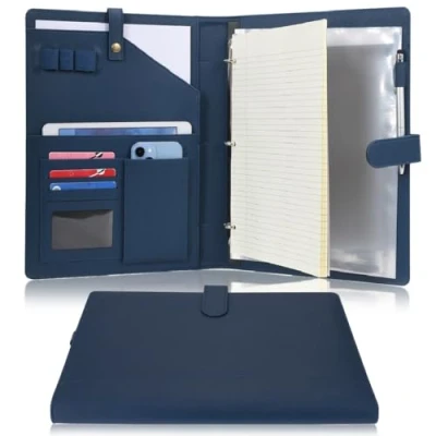 Image de Wonderpool Porte documents en Cuir A4 Padfolio Anneaux Planchettes à pince Classeur Ramovible avec Portebloc Notes et Organiseur Multi poches pour Bureau Conférence Réunion Travail (Bleu foncé)